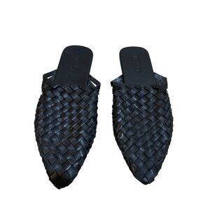 Mihaleo Paloma Black Leather Woven Basketweave Mules